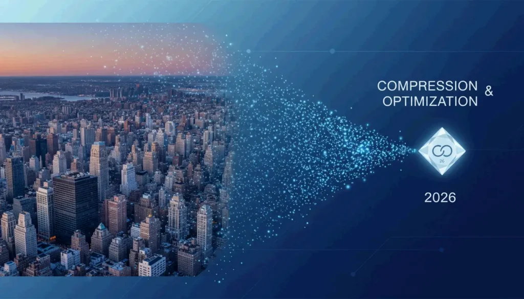 A high-tech, clean visual representing the balance between high image quality and small file size.