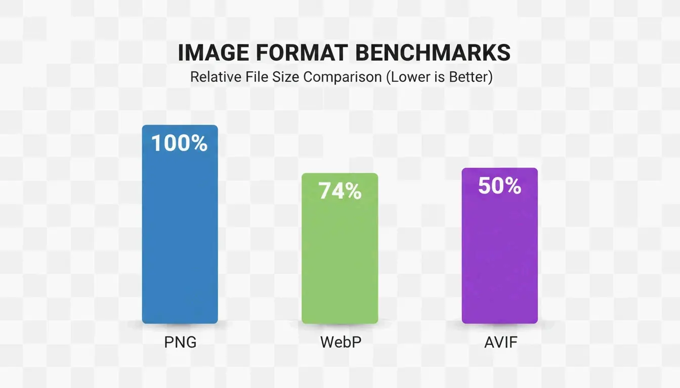 A simple bar chart comparing file size savings across PNG, WebP, and AVIF