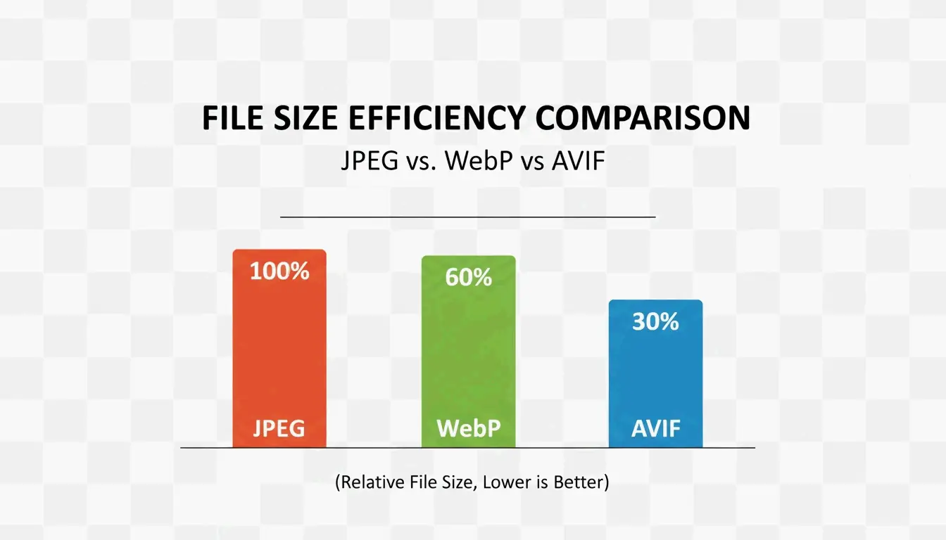 A clean comparison of file sizes between JPG, WebP, and AVIF.
