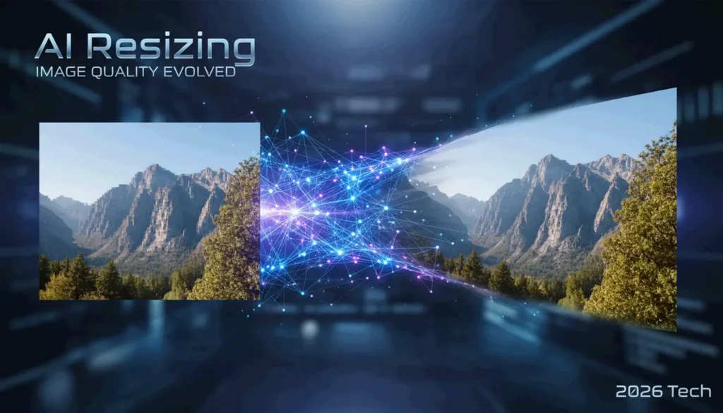 A futuristic, clean visual representing high-quality image scaling and AI enhancement
