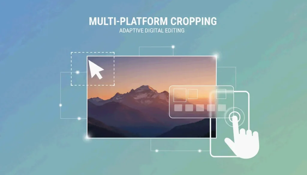 A clean, modern visual of an image being framed or cropped across different devices