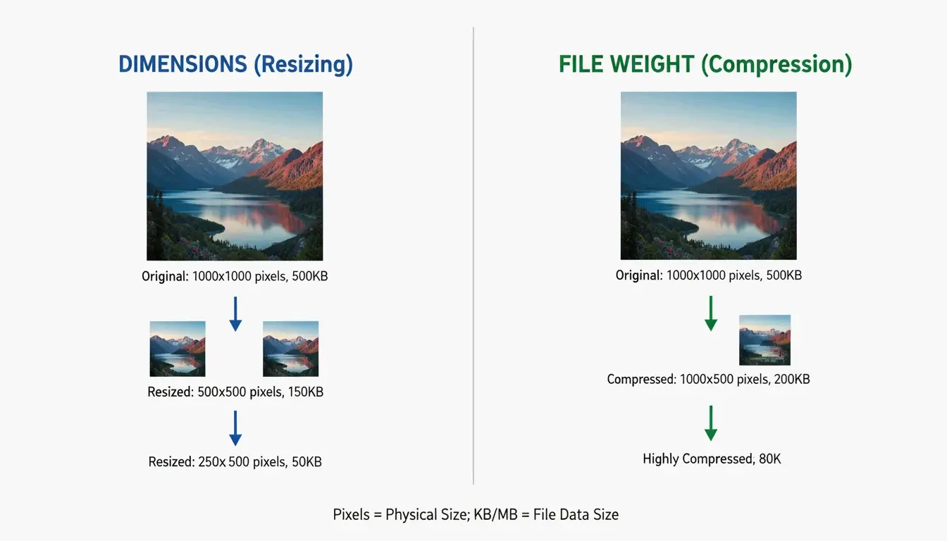 Side-by-side comparison: Dimension Resizing vs. File Compression