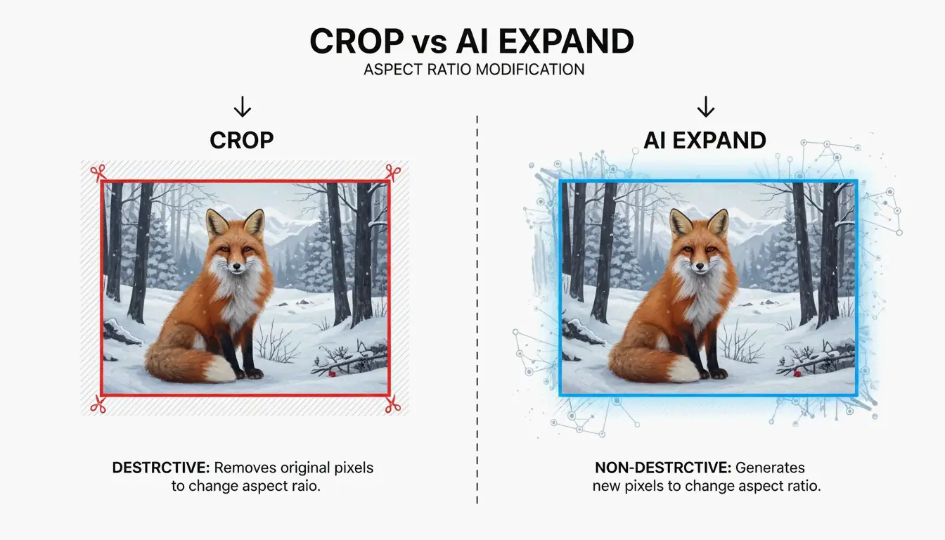 Comparison between traditional cropping vs. AI generative expansion