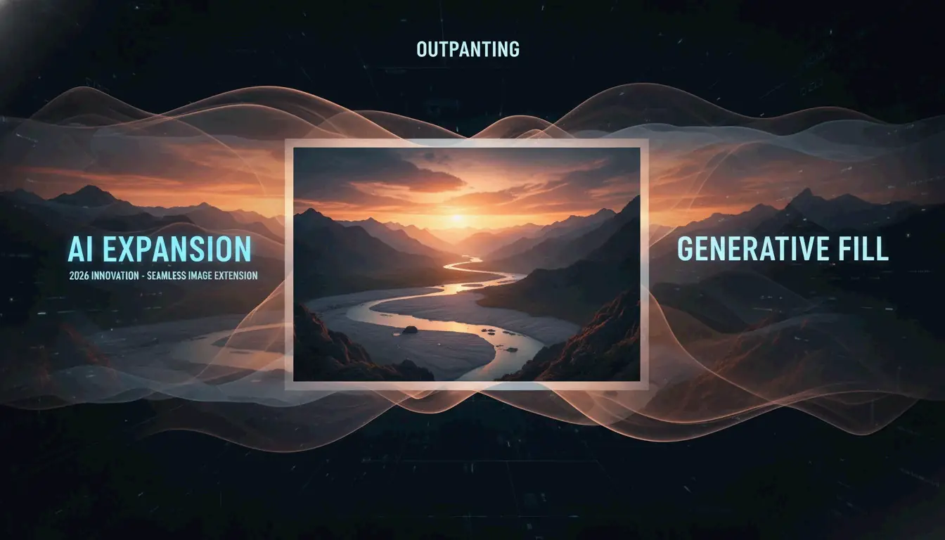 A visual metaphor of 'AI Expansion' showing a photo frame growing naturally.