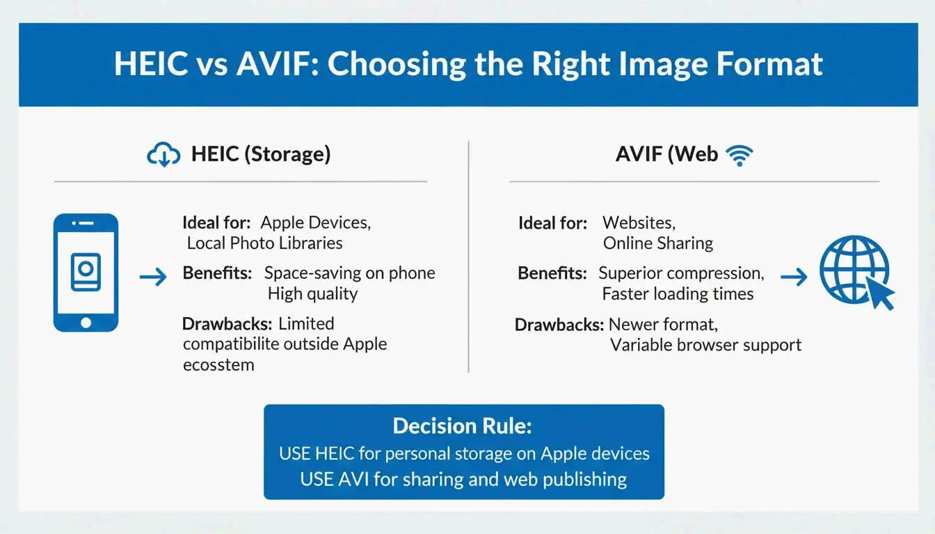 Simple comparison: HEIC for Storage vs AVIF for Web