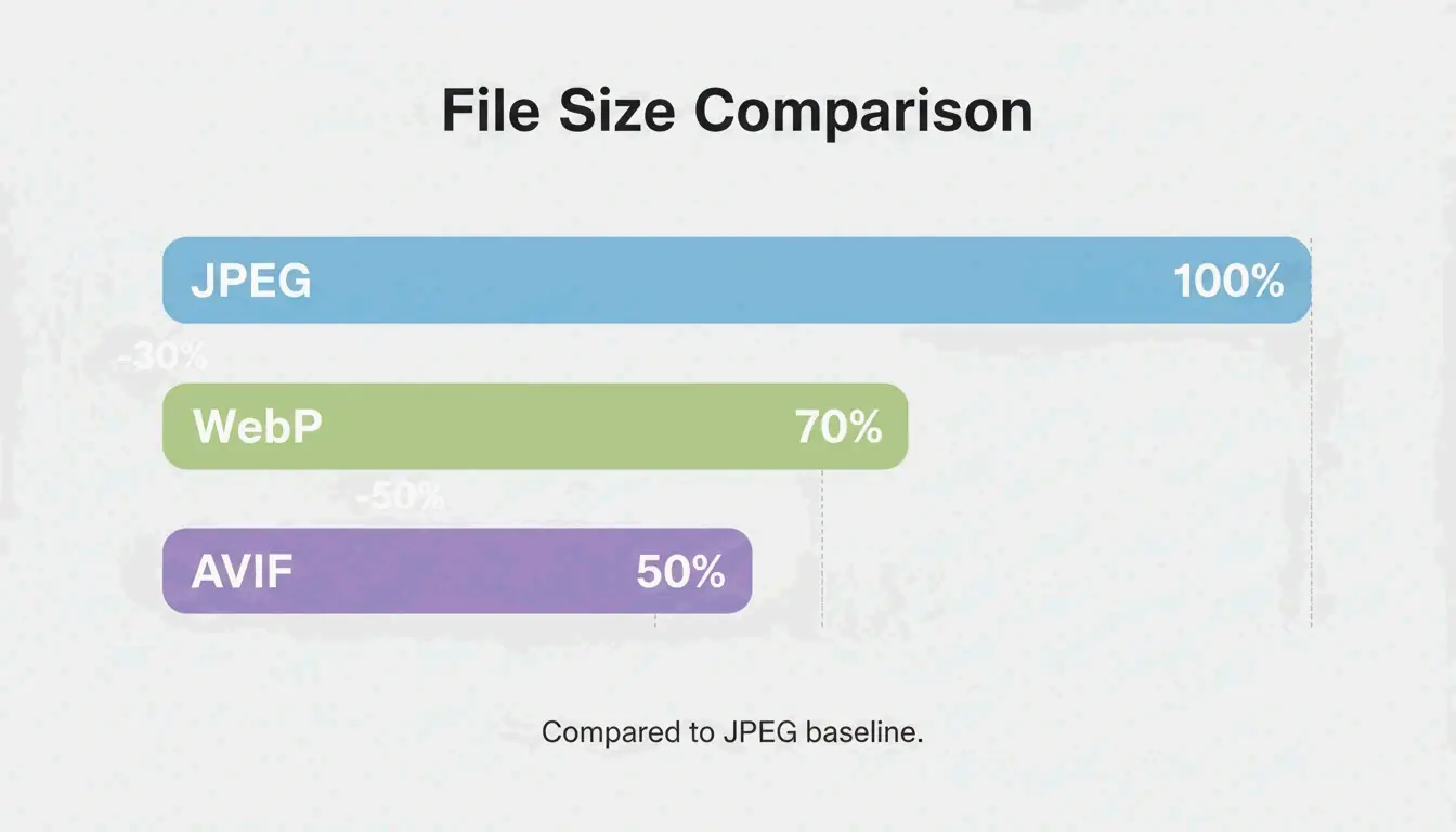 不同格式（JPEG vs WebP vs AVIF）的文件大小对比