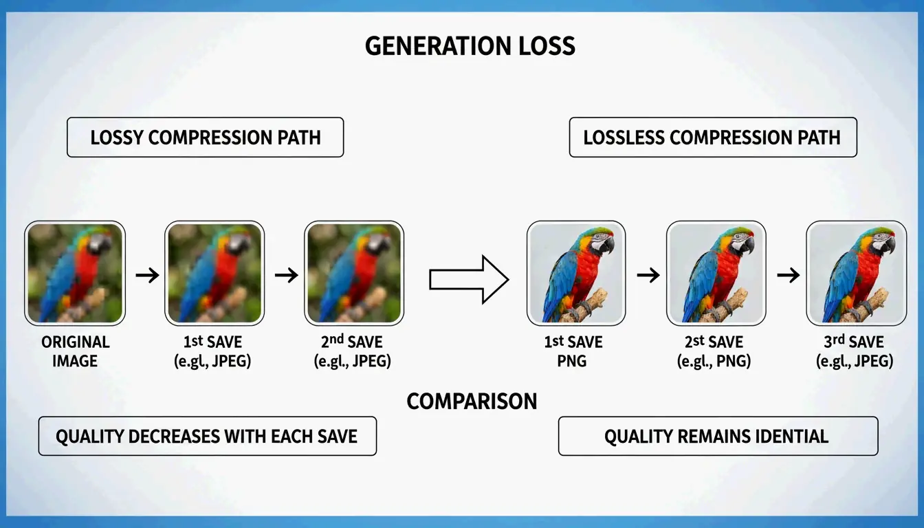 A simple comparison of Lossy (data loss) vs Lossless (data preservation) after multiple saves