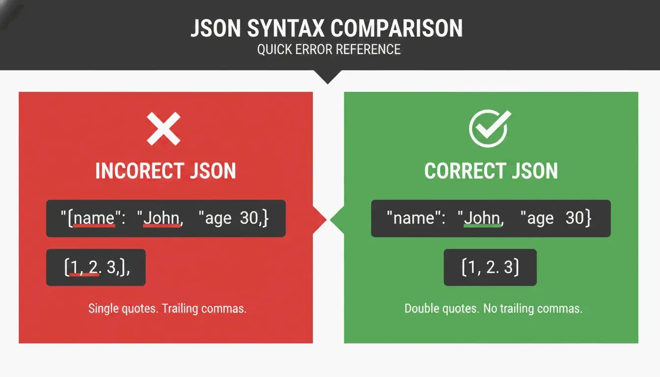 A simple 'Right vs Wrong' comparison of JSON syntax rules.