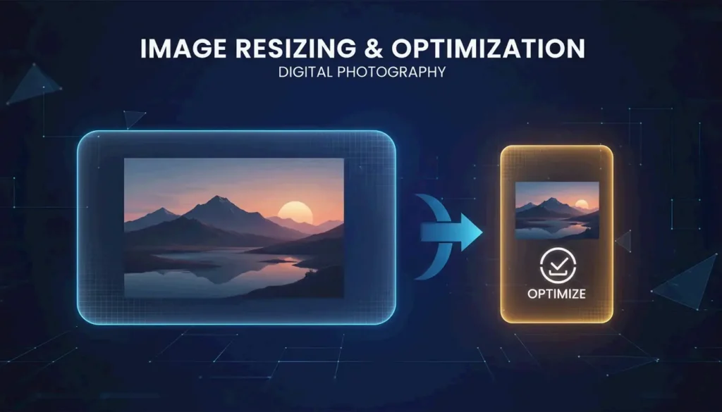 A clean, modern visual of a large high-quality photo being efficiently scaled down.