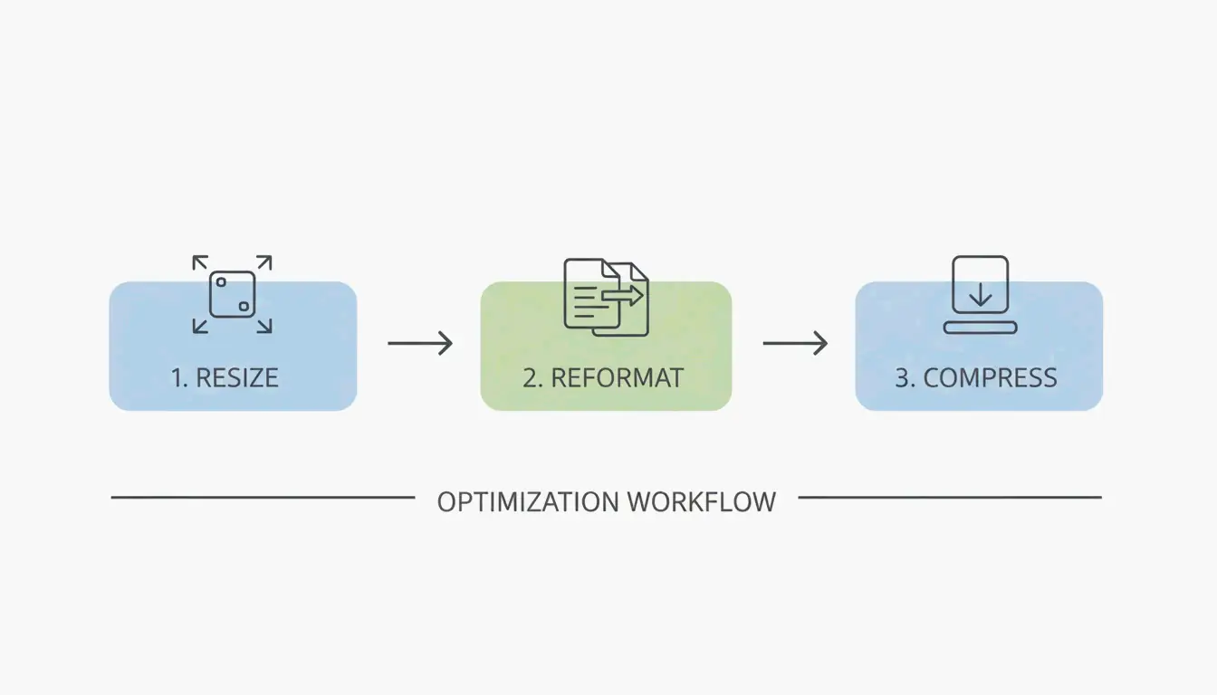 A simple 3-step workflow: Resize -> Reformat -> Compress.
