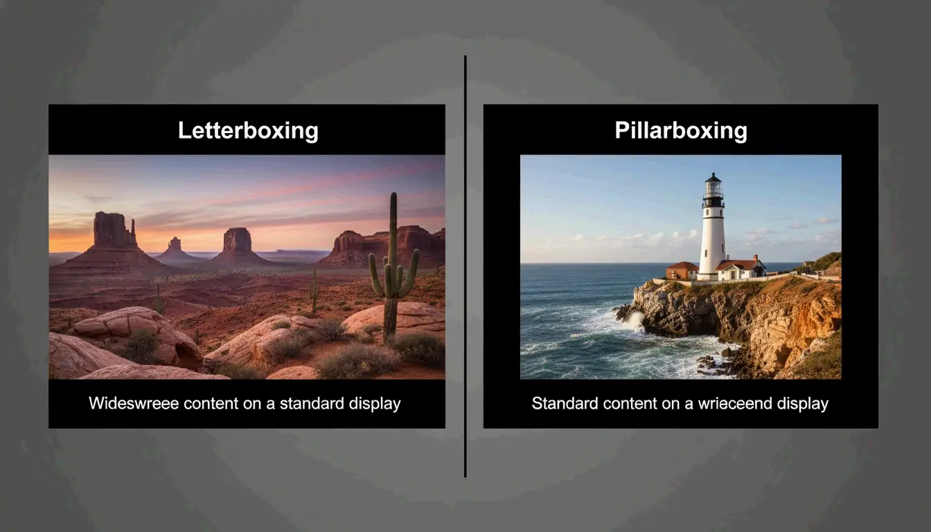 Visual demonstration of Letterboxing vs. Pillarboxing on a standard screen.