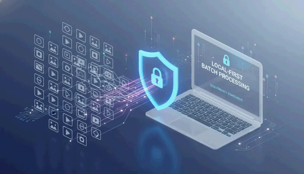 A futuristic, clean visual representing private, local-first media processing