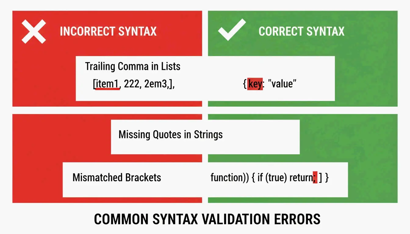 Side-by-side comparison of 'Invalid' vs 'Valid' JSON syntax