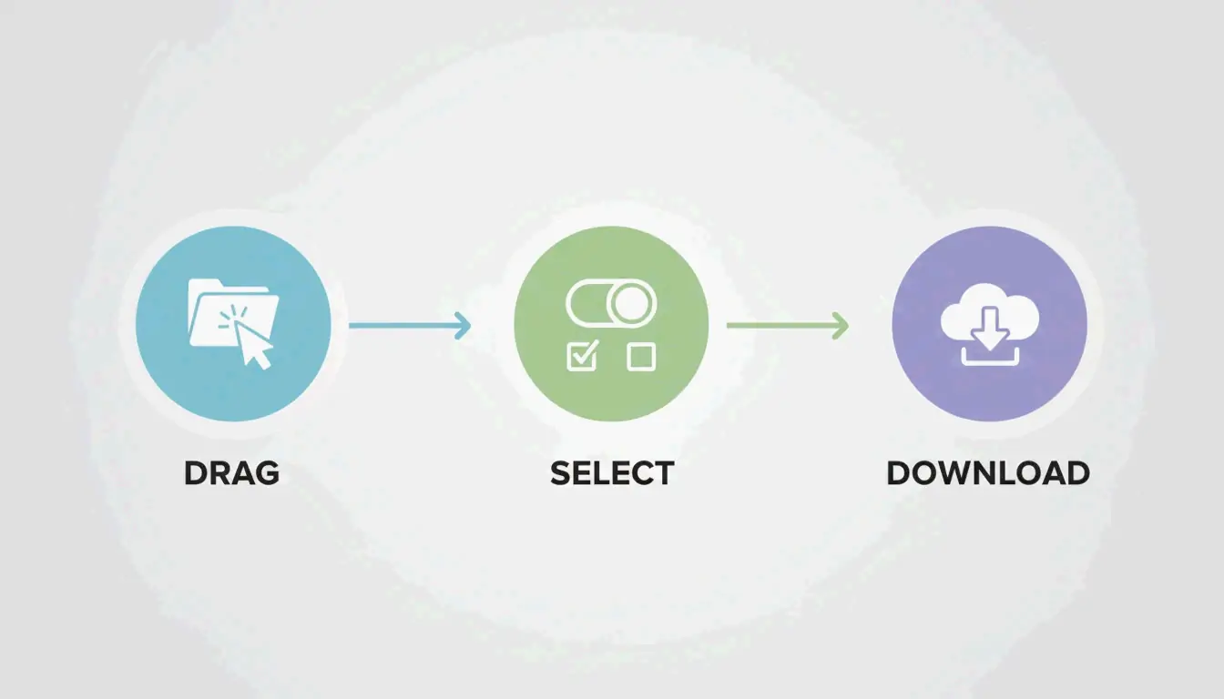 Simple 3-step workflow: Upload, Process, Download