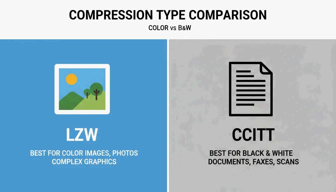 Side-by-side comparison: LZW (Color) vs CCITT (B&W)