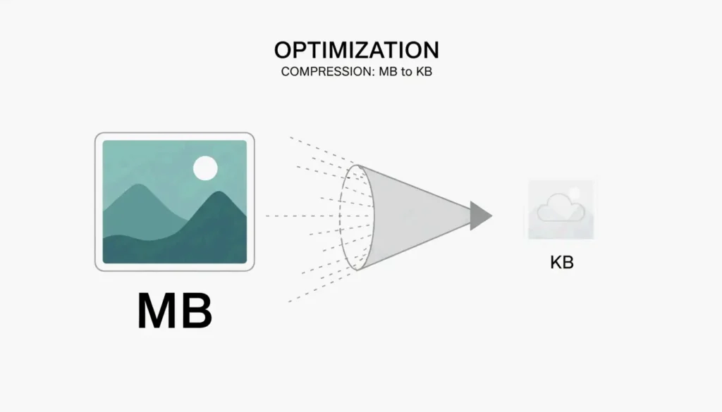 A clean, modern visual representing image compression from large to small size