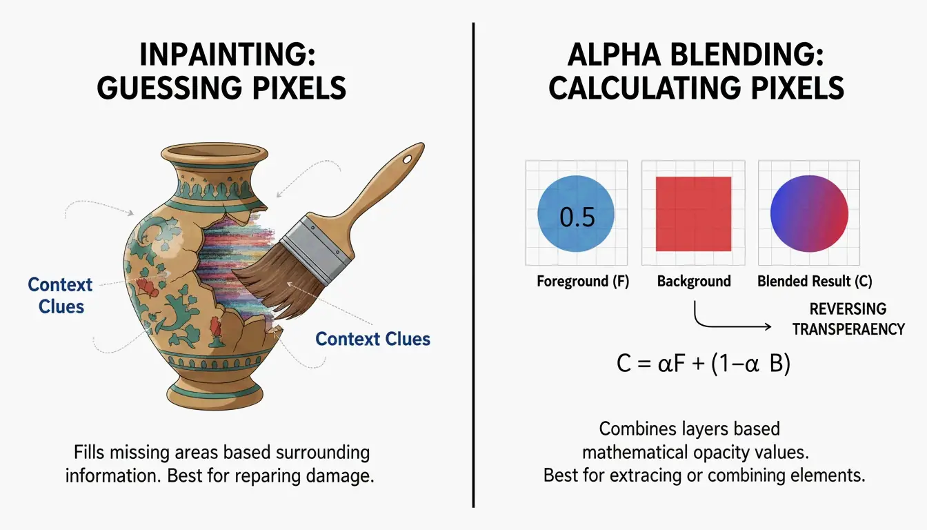 A simple side-by-side visual comparison of "Inpainting" (reconstructing) vs "Alpha Blending" (mathematical reversal).