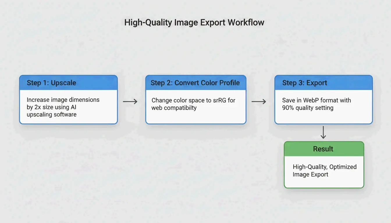 A 3-step export workflow: Resize (2x) -> Profile (sRGB) -> Format (WebP).