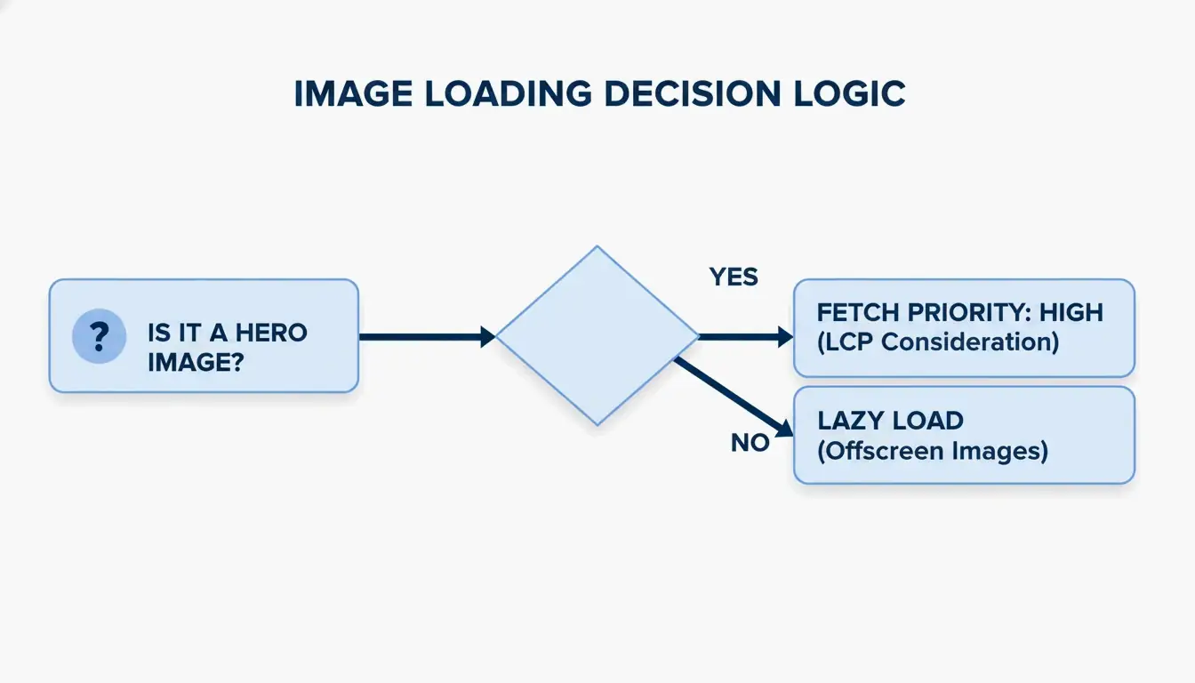 A 3-step decision flow for image loading: Above-the-fold vs. Below-the-fold.