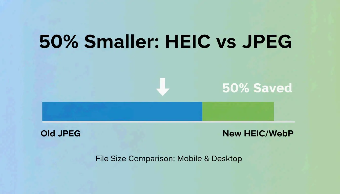 A simple side-by-side comparison of file size reduction (e.g., JPEG vs HEIC).