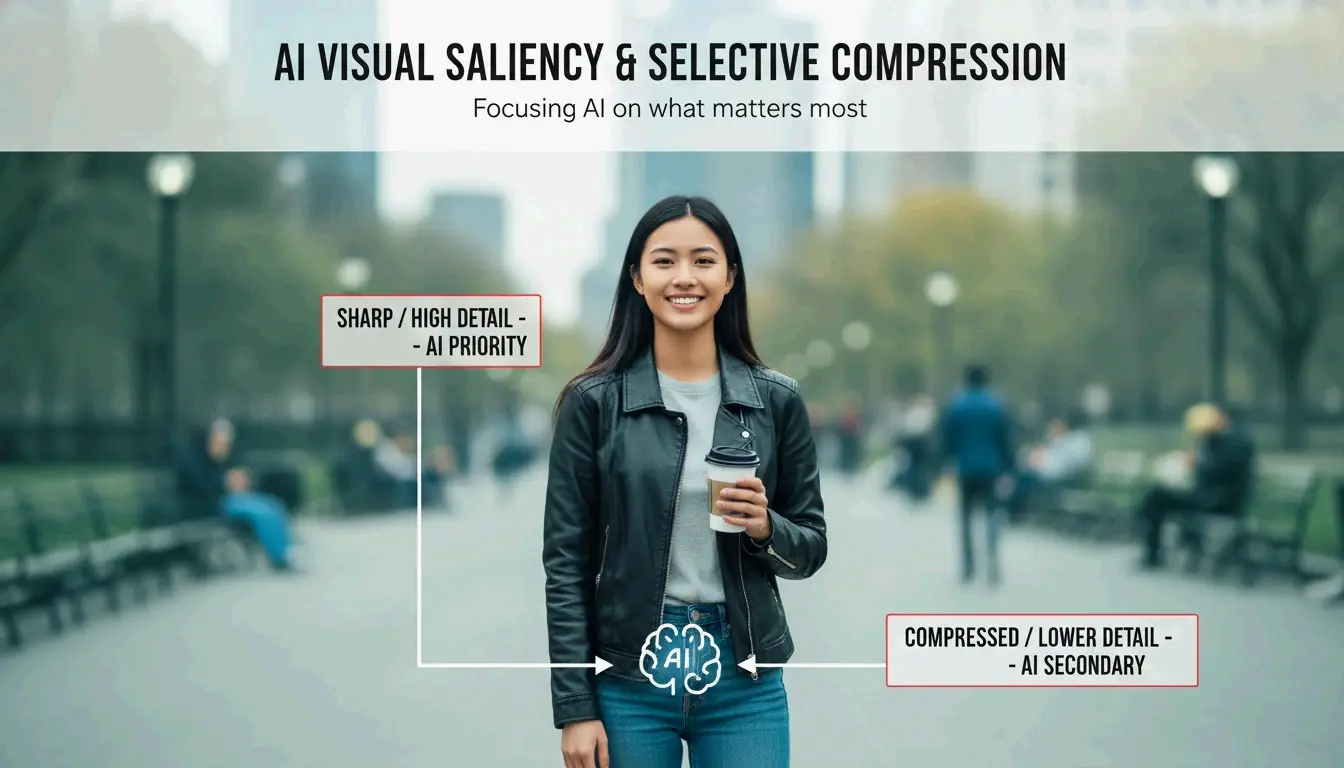 AI "Visual Saliency" concept: focus on subject vs background compression.