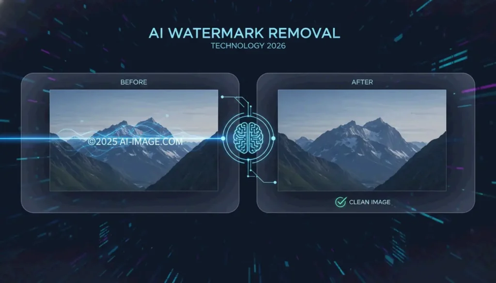A futuristic, clean visual of an AI scanning and seamlessly erasing a digital watermark from a high-quality photo.
