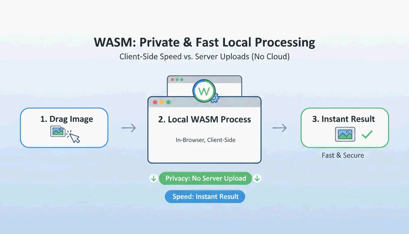 Simple 3-step local processing workflow (Drag -> WASM Process -> Download)