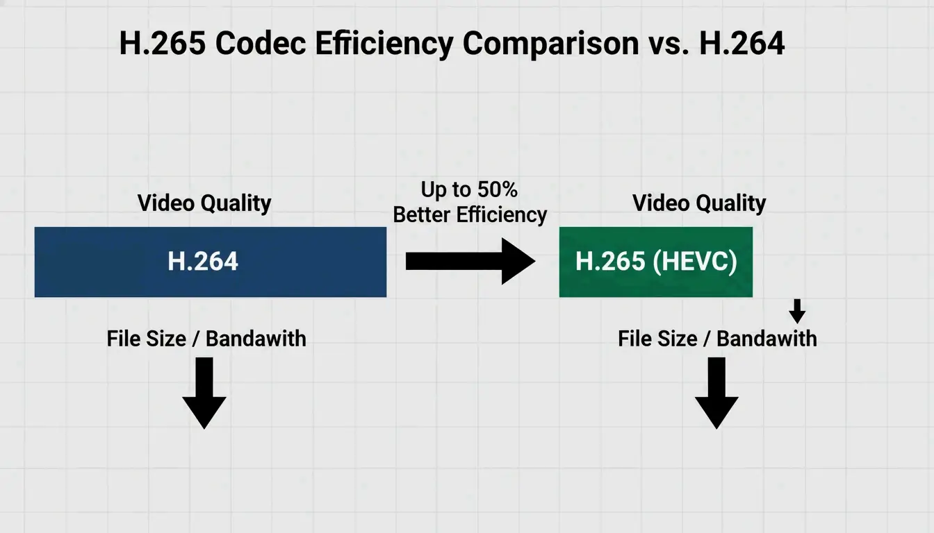 A comparison of H.264 vs H.265 showing the efficiency gain (same quality, smaller size).