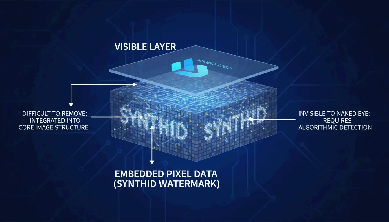 概念图：图层化展示可见水印与像素级SynthID的区别