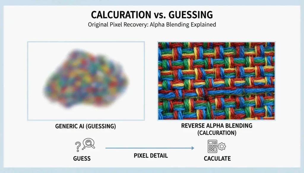 Comparison of standard AI 'guessing' vs. Reverse Alpha Blending 'subtraction'.