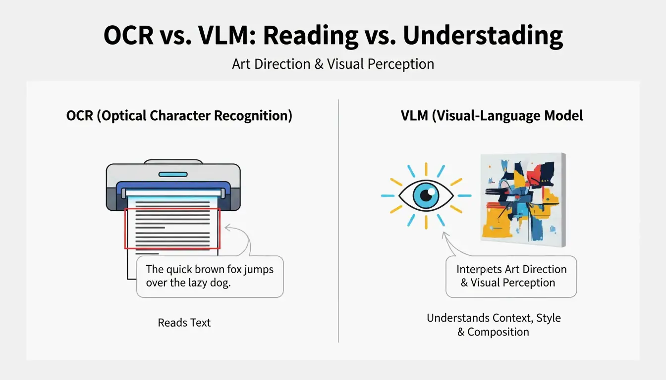 Simple comparison between OCR (text focus) and VLM (artistic focus)