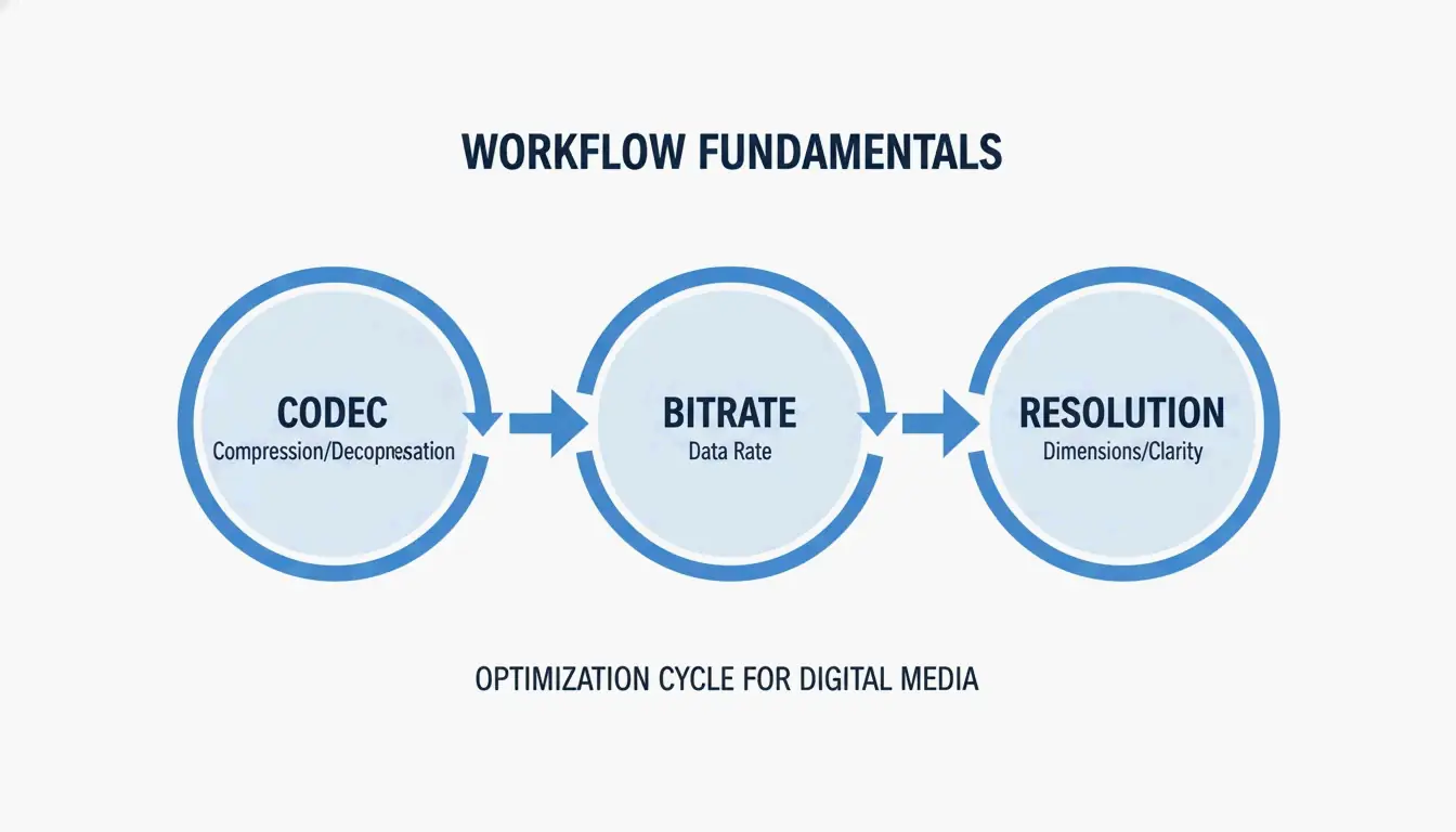 A simple 3-node diagram showing the core pillars: Codec, Bitrate, and Resolution.