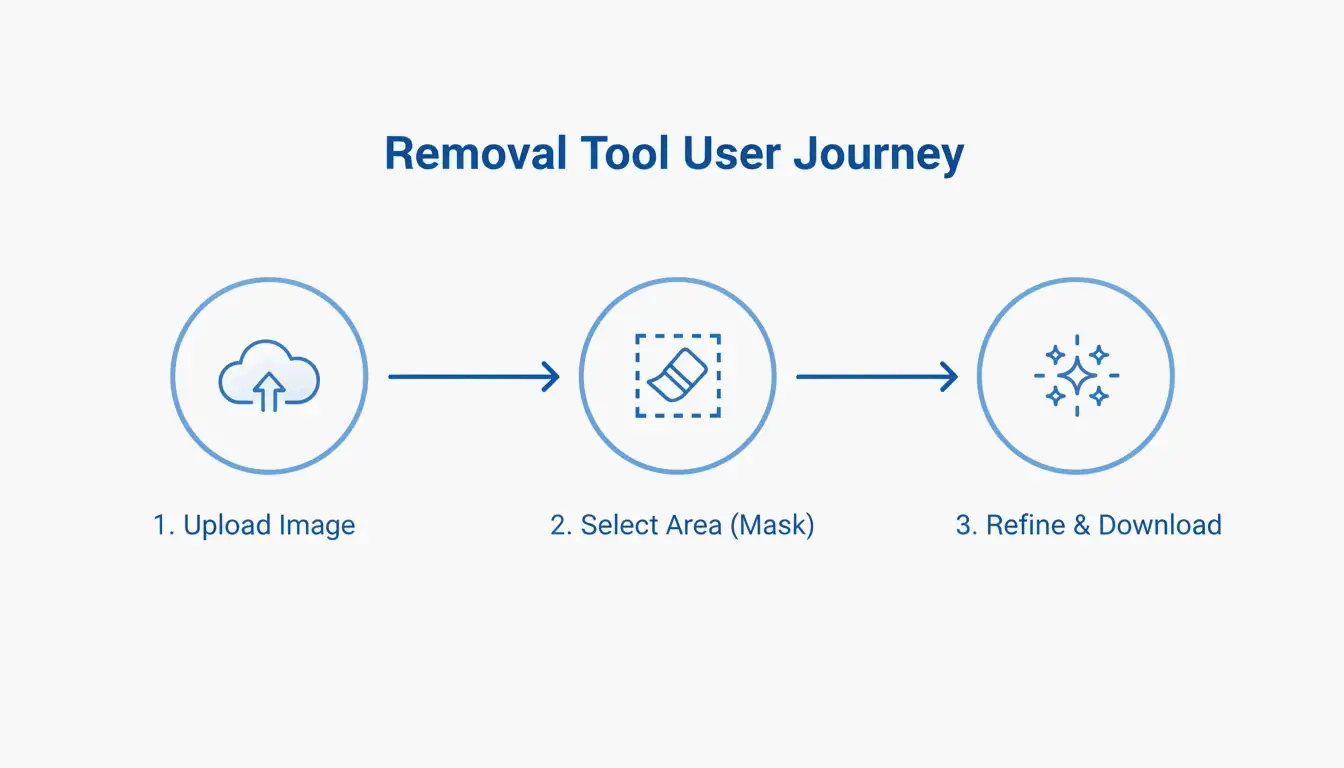 A 3-step linear flow: Upload -> Selection -> Refine.