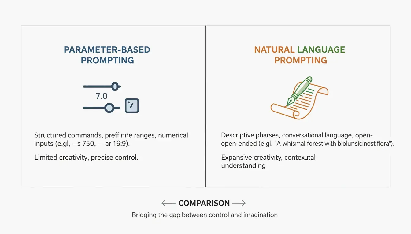 A simple comparison of "Structured Parameters" (Midjourney) vs "Natural Language" (Flux/GPT).