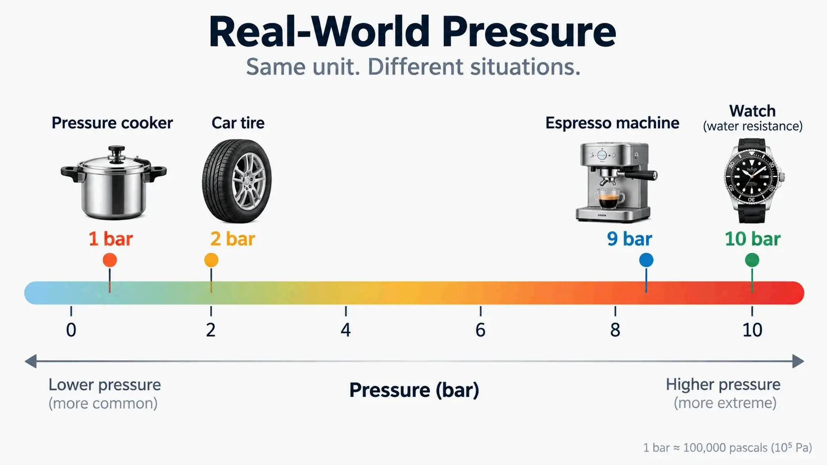 Pressure scale showing common real-world application values