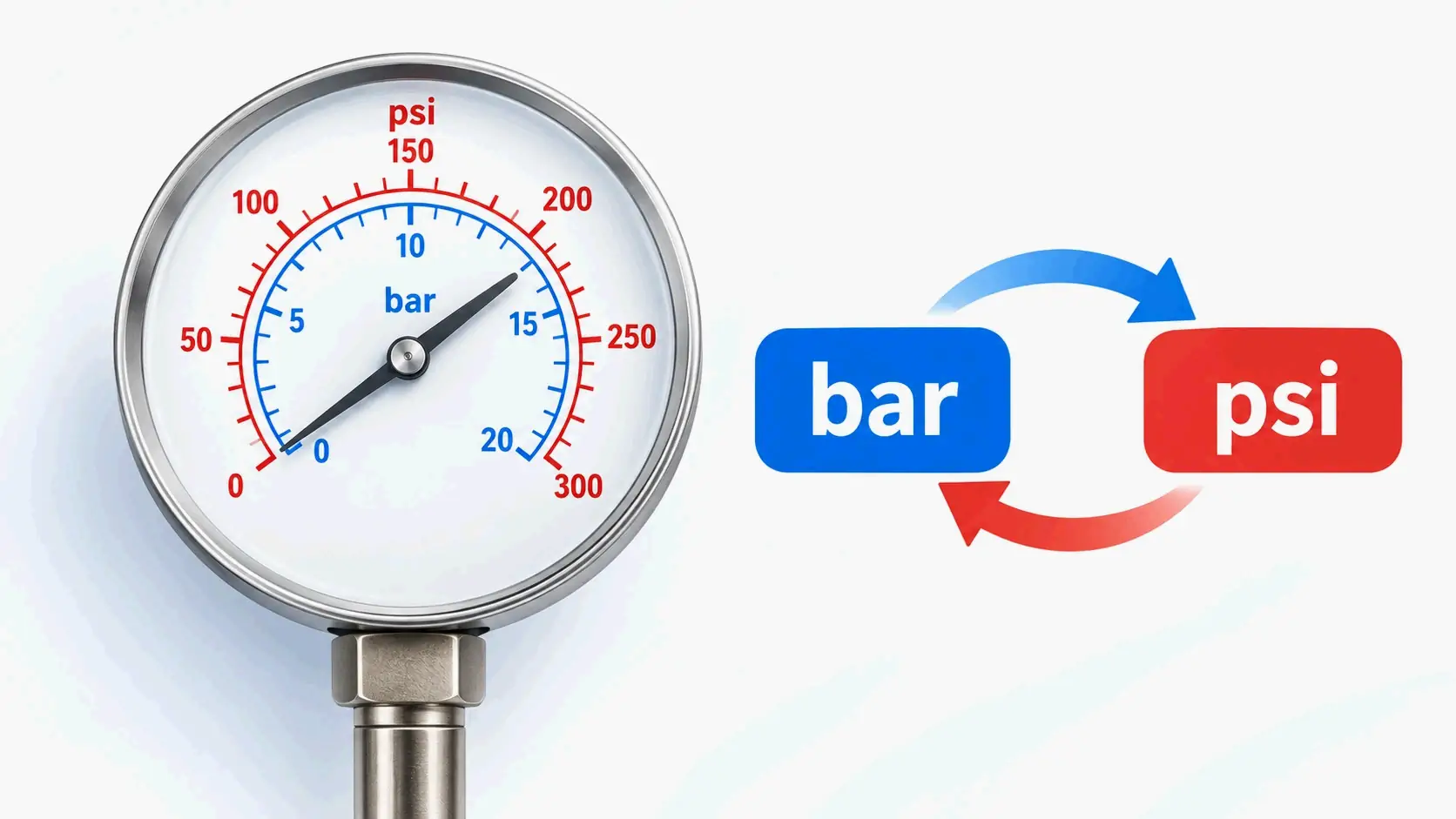 Pressure gauge showing both bar and psi units to illustrate the conversion theme