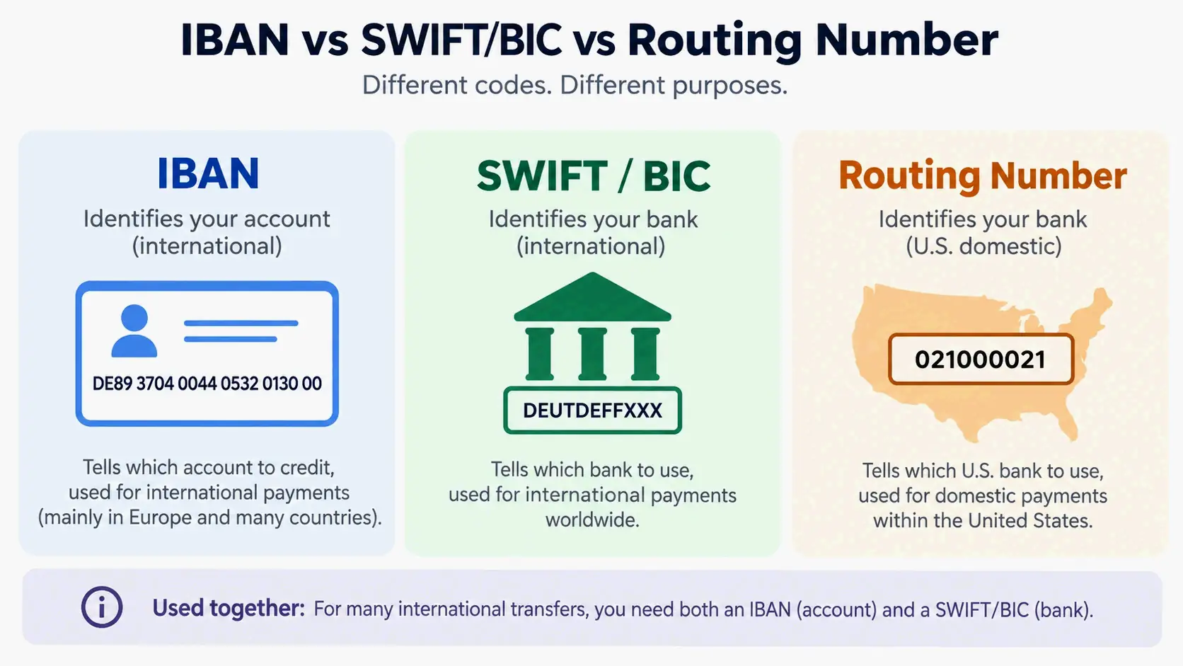 Three codes, three roles: account vs bank vs US domestic