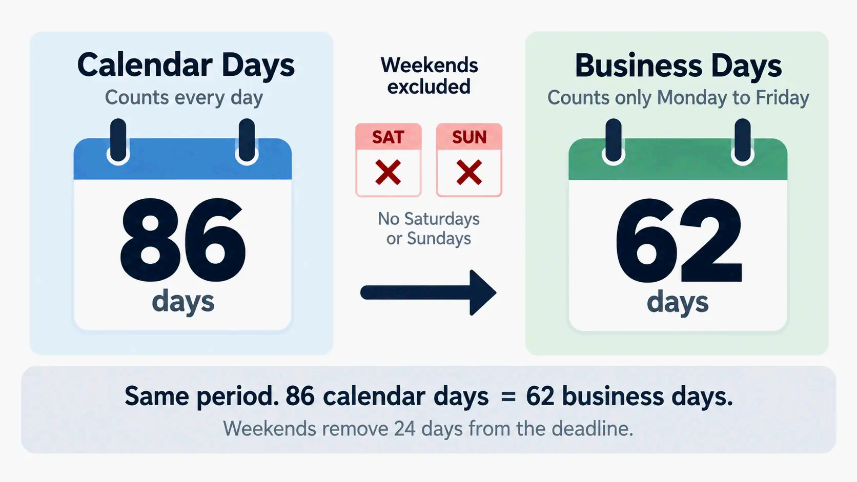 86 calendar days vs 62 business days comparison